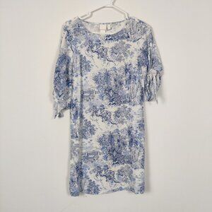 H&M Women's Blue and White Cut Out Sleeve Bohemian Midi Dress Size 2 Linen